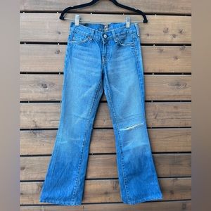 Vintage 7 for all Man Kind kick flares, medium wash, distressed. Size 25